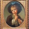 French Rococo 18th-Century Portrait Young Boy Playing a Flute Oval Oil Painting