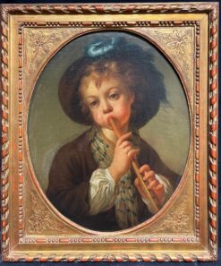 French Rococo 18th-Century Portrait Young Boy Playing a Flute Oval Oil Painting