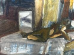 Nude Figure in a Dimly Lit Interior Resting on a Bed with Sunlight Filtering