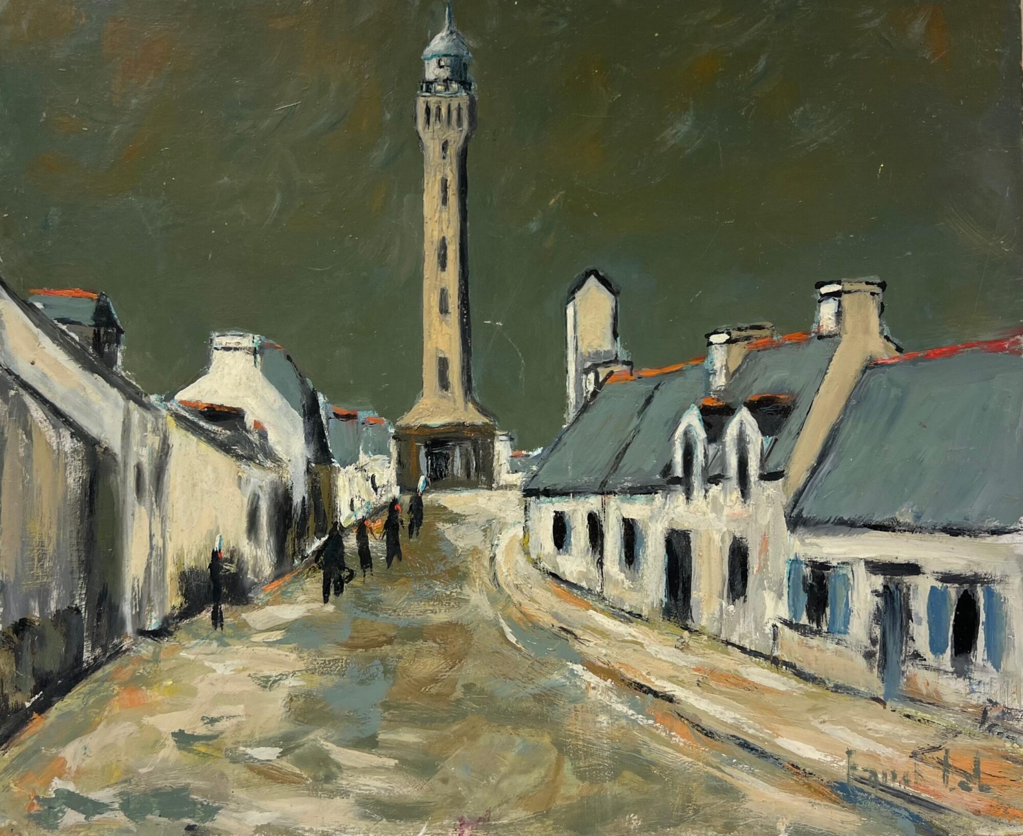 French Impressionist Moody Village Street Leading to a Tower Urban Landscpae