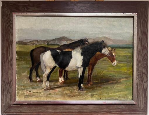 Three Horses in the Green Grass Meadow Large 1900-1999 Oil Landscape