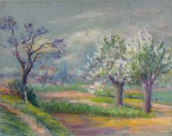Spring Awakening Blossoming Trees Under a Moody Sky in a Pastel Landscape