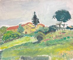 1950's French Post Impressionist Oil Painting Green Landscape Village Houses