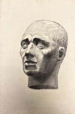 Mid Century French Drawing of a Classical Bald Male Bust