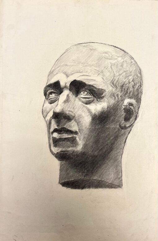 Mid Century French Drawing of a Classical Bald Male Bust