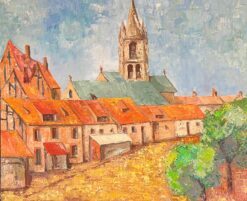 Large French Post-Impressionist Oil Painting Town & Church Landscape, 1970's