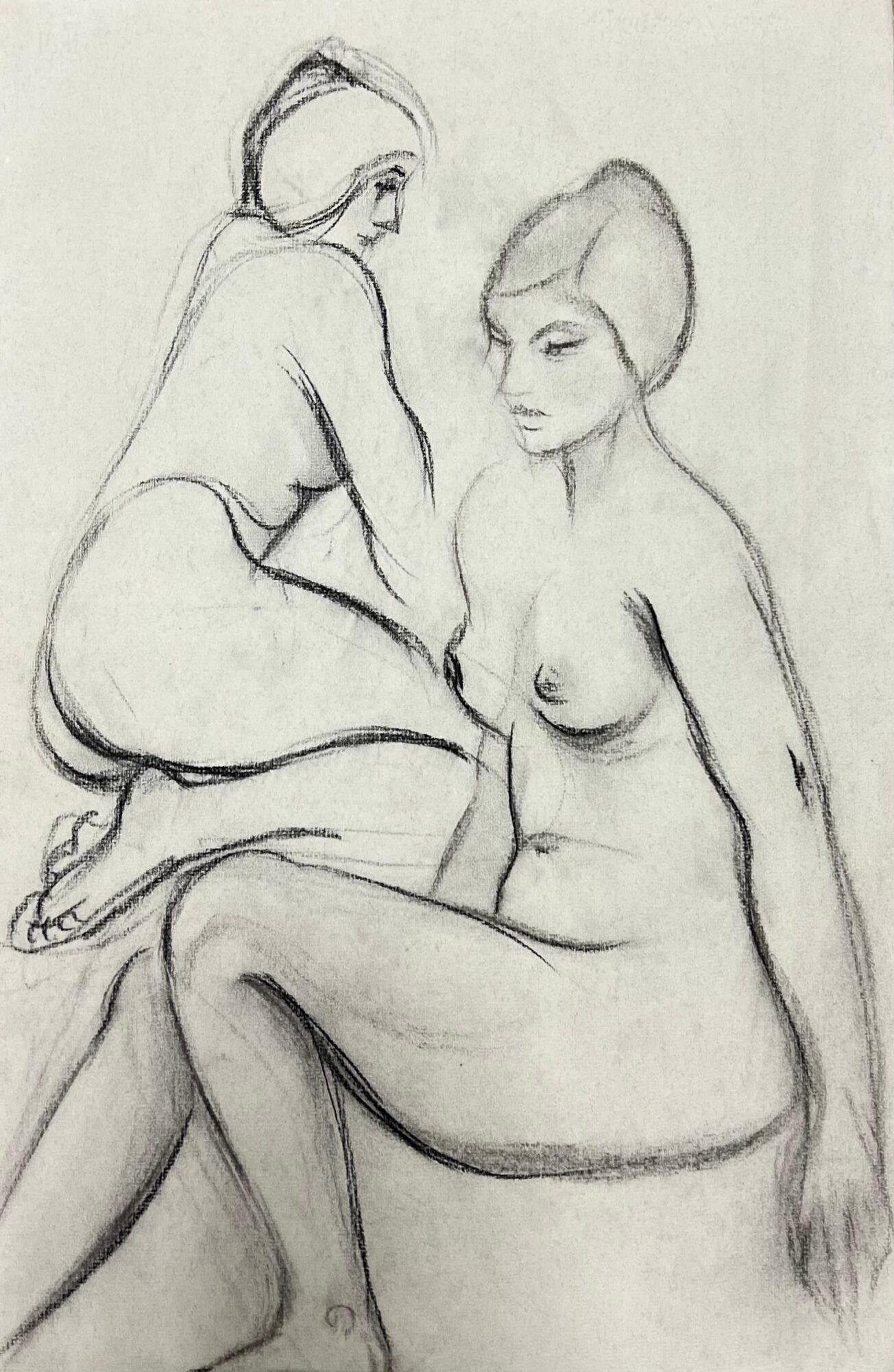 1960's Original French Pastel Sketch Nude Seated and Kneeling Female Figures