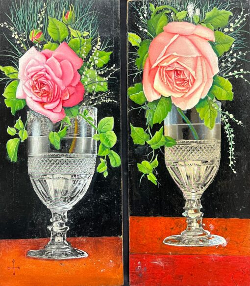 Pair Mid 1900-1999 French Still Life Painting Ornate Flowers in Glass Vase
