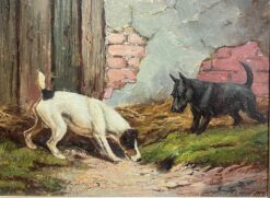 Fine 1890's British Dog Painting Fox Terrier & Scottish Terrier Sniffing in Farm