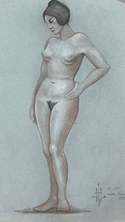 1960's Original French Pastel Sketch Nude Female Figure Portrait