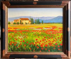 Vibrant Provence Landscape with Poppy Fields & Rustic Farmhouse Signed Oil