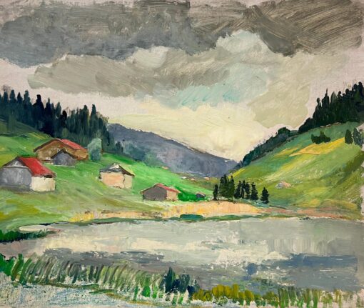 Mountain Village by a Reflective Lake Under Moody Skies Landscape