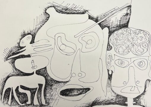 Original 1970's French Line Drawing with Faces and Figures