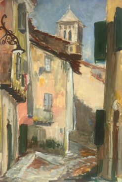 French Village Street Scene with Tower and Shuttered Windows