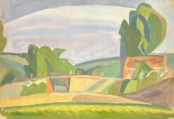 French Abstracted Countryside Scene with Rolling Fields, Trees and Buildings