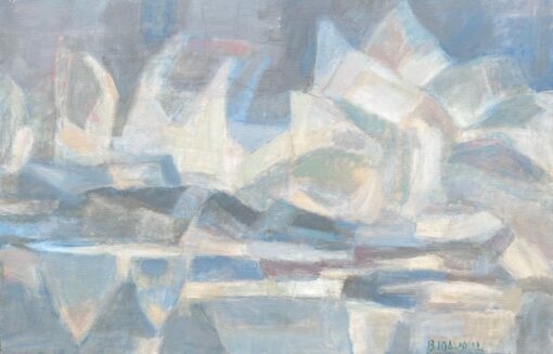 Large French Cubist Oil Painting Glacial Reflections Landscape in Cool Tones