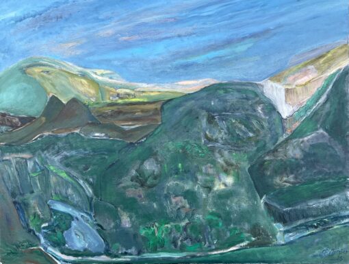 1980's French Expressionist Painting Rolling Hills and Valleys Verdant Landscape