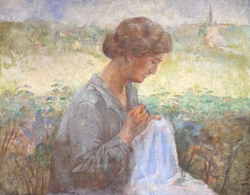 1800-1899 French Impressionist Oil Lady Sewing in Sunlit Garden Landscape