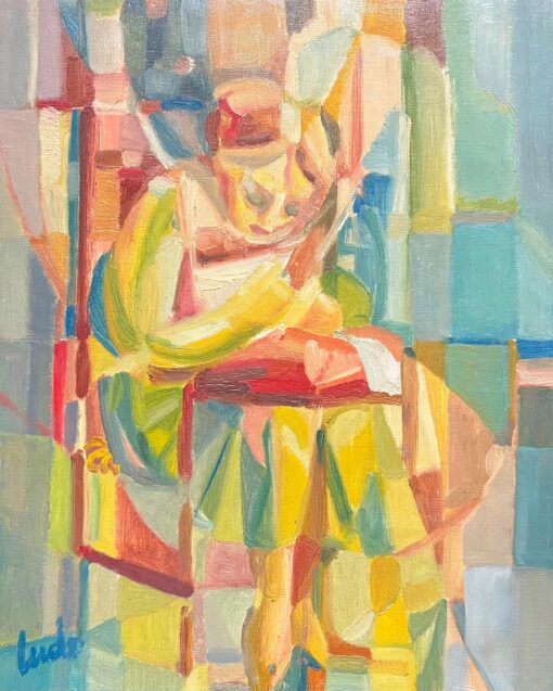 Cubist Abstract Portrait of Seated Woman Colorful Geometric Forms French 1950's