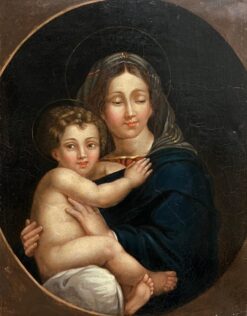 Madonna and Child 1800's English Oil on Canvas with Circular Composition