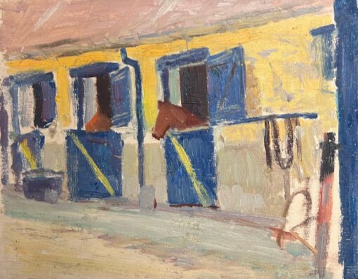 Vintage French Stable Scene Impressionist Oil Painting of Horses in Their Stalls