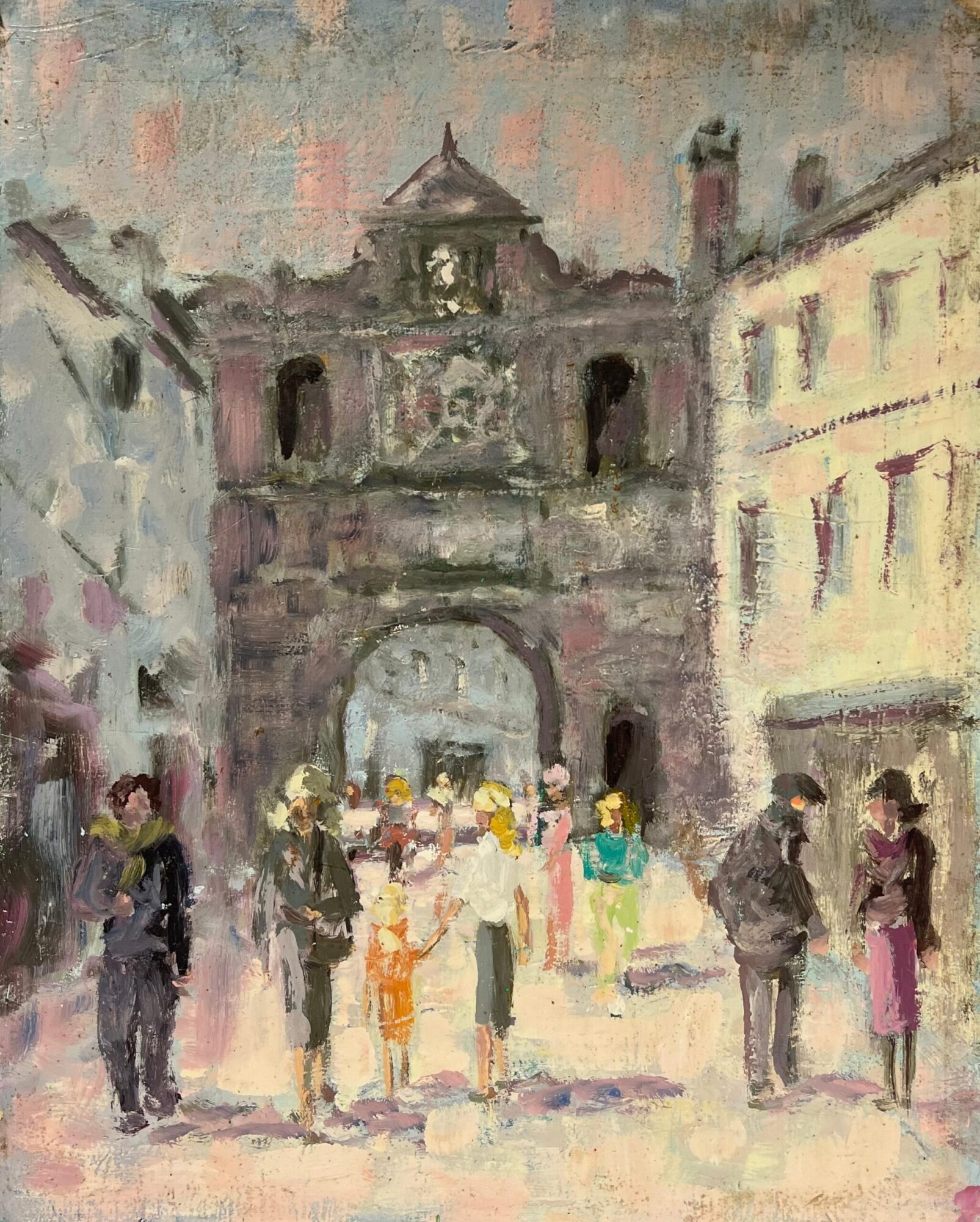 French Impressionist Busy Scene of Strolling Figures Through Village Gateway