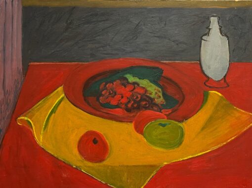 1970's French Bold Still Life Modernist Oil Painting of Fruit and Red Drapery