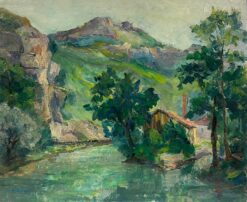 1930's French Green Lush River Landscape Gorge Valley Signed Oil Painting