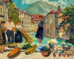 1940's French Oil Painting Figures South of France Busy Market Scene