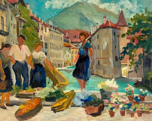 1940's French Oil Painting Figures South of France Busy Market Scene