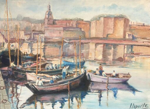 Large Mid Century French Impressionist Signed Oil Painting Busy Fishing Harbor