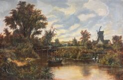 Rural Country Scene Windmill Figures Pond & Animals Large Oil Painting