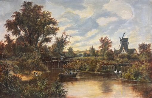 Rural Country Scene Windmill Figures Pond & Animals Large Oil Painting