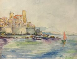 Coastal View of Antibes with Red-Sailed Boat Watercolor Landscape