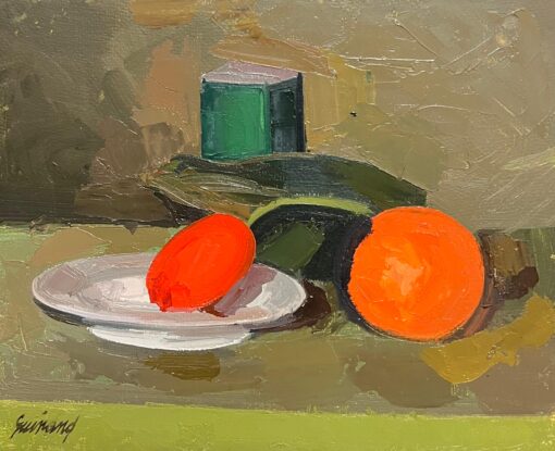 Large French Modernist Oil Painting Vibrant Still Life Red Green Orange