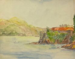 Tranquil Coastal Landscape with Seaside Villa and Sailboat Château La Napoule