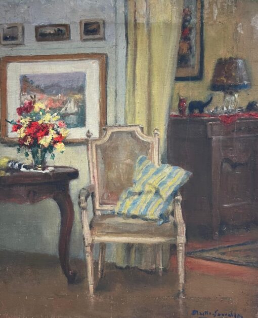 Elegant French Salon Interior with Antique Armchair and Flowers Oil Painting