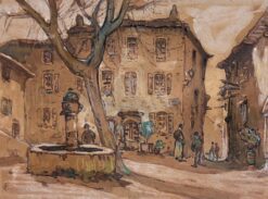 Antique French Village Square with Fountain & Figures Signed Impressionist work