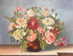 1940's French Floral Still Life Pink Red Roses in Brown Vase Oil Painting