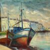 Harbor View with Bright Docked Fishing Boats Moody Coastal Scene Oil Painting