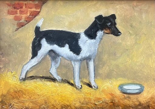 Vintage English Dog Oil Painting Jack Russell Terrier in Barn Interior