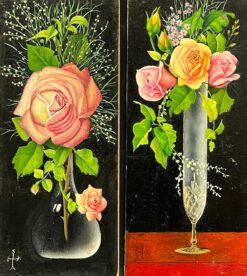 Pair Mid 1900-1999 French Still Life Painting Ornate Flowers in Glass Vase