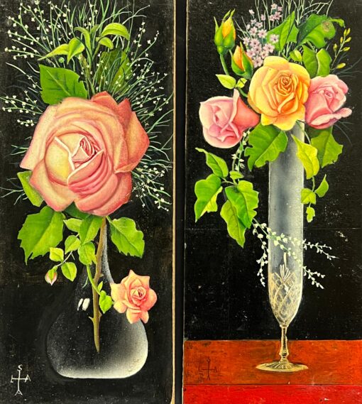 Pair Mid 1900-1999 French Still Life Painting Ornate Flowers in Glass Vase