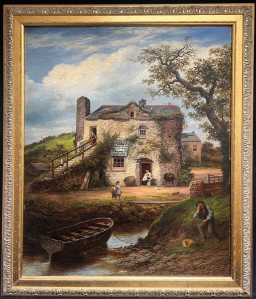 Antique English Oil Cornish Beach Scene with Distant Island Coastal Landscape
