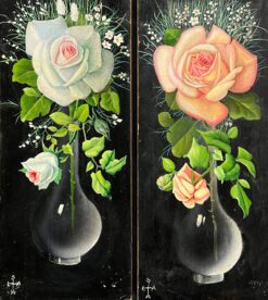 Pair Mid 1900-1999 French Still Life Painting Ornate Flowers in Glass Vase