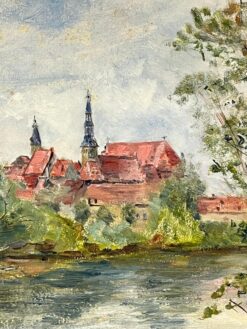 Tranquil River Scene with Bridge and Village in the Distance French Oil Painting