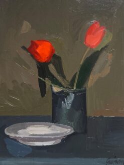 Large French Modernist Oil Painting of Red Tulips in a Vase 1900-1999