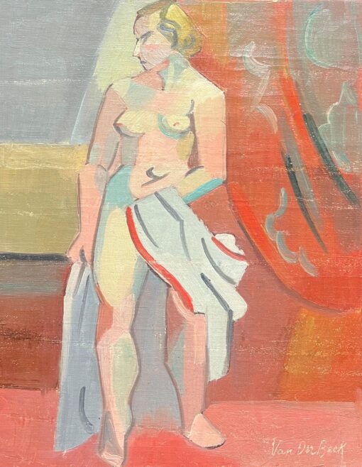 1930's French Cubist Nude Signed Oil Lady Vibrant Geometric Composition