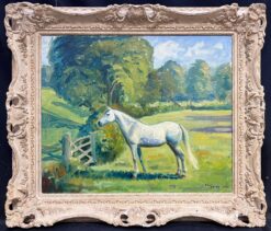 Large British Sporting Art Oil Painting White Horse in Green Fields signed 20thC