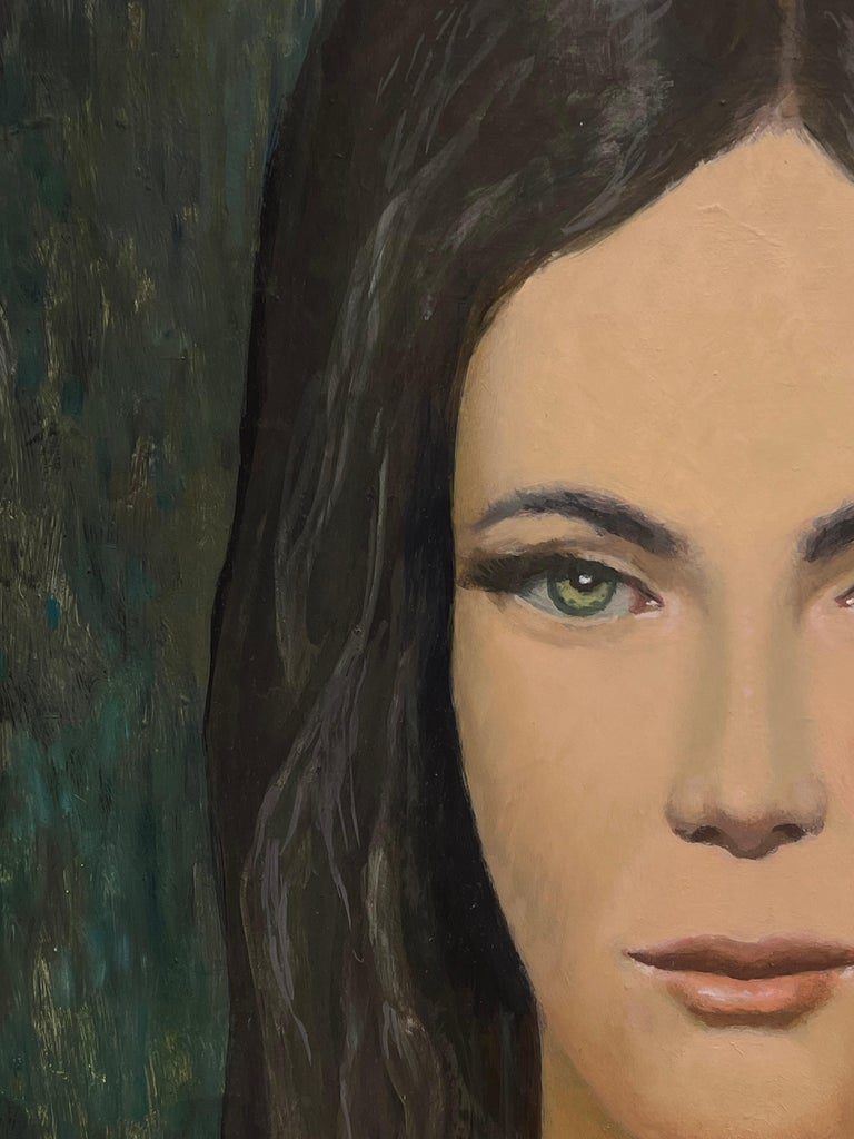1960's French Modernist Oil Painting Portrait of Young Lady Direct Gaze - Image 3